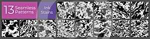 Ink splatter seamless pattern set. Black paint splat abstract background
