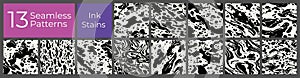 Ink splatter seamless pattern set. Black paint splat abstract background