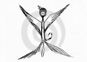 Ink style Illustration. Abstract figure. Person in face mask  comb in hair and flying with its wings.