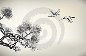 Ink style pine tree and crane