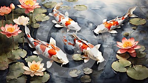 Ink wash painting: A graceful, koi pond scene, with vibrant koi fish swimming among drifting lotus flowers, all painted in the