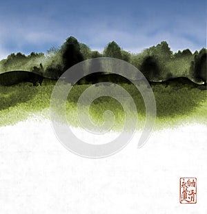 Ink wash painting with green forest and cloudy sky. Traditional Japanese ink wash painting sumi-e. Hieroglyphs -