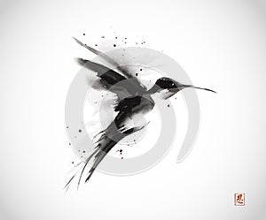 Ink wash painting of hummingbird in flight. Traditional oriental ink painting sumi-e, u-sin, go-hua. Hieroglyph - grace