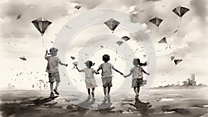 Ink wash painting: A nostalgic, childhood memory, with children flying kites, playing games, or sharing laughter, all captured in