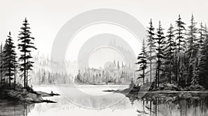 Ink Wash Painting: Post-apocalyptic Lake With Pine Trees