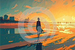 An ink and watercolor landscape artwork, stylized female figure on a beach with amazing sunset over ocean. AI generative
