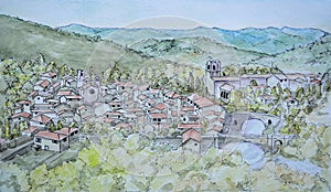 Ink and Watercolour painting of Lagrasse