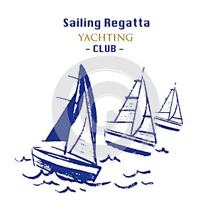 Ink yachts, sailing regatta for design posters, banners in different styles. Vector illustration, logo.