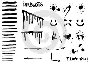 Inkblots, brushes, spots and patterns in vector