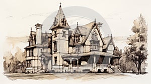 Inked Sketch Of Victorian House: Reviving Historic Art Forms