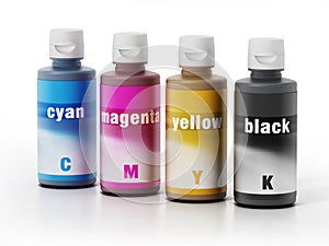 Inkjet printer refillable ink CMYK bottles. 3D illustration