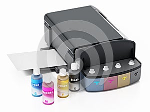 InkJet printer with refillable ink tanks isolated on white background. 3D illustration