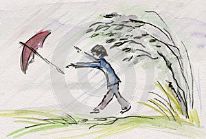 Inkwash painting, umbrella flying away