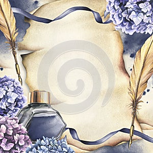 Inkwell with blue ink, gold pen, hydrangea flowers, ribbons, blots and splashes. Hand drawn watercolor illustration