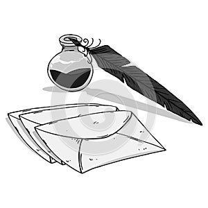 Inkwell with feather and envelope hand drawn. Vector illustration of envelope with inkwell with feather.