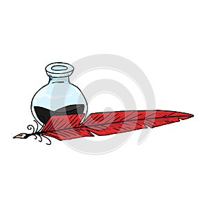 Inkwell with feather hand drawn. Vector illustration inkwell and feather.