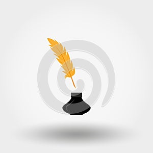 Inkwell and feather. Icon. Vector. Flat.