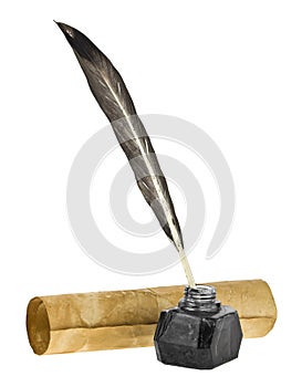 Inkwell with feather and old paper isolated on white background