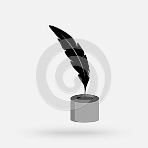 Inkwell and feather pen logo template. Ink bottle and quill pen vector design. Writer illustration