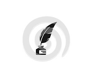 Inkwell and feather pen logo template. Ink bottle and quill pen vector design