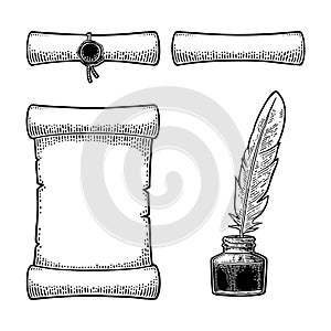 Inkwell with feather and scroll with seal. Engraving