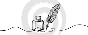 Inkwell and pen continuous line drawing. One line feather with ink vector illustration.