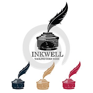 Inkwell Writing Feather Silhouette Icon Vector Logo