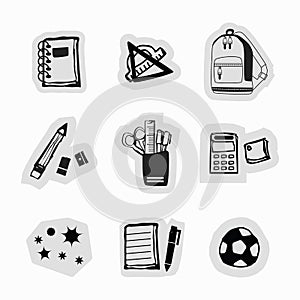 Inky black hand drawn school supplies and stationery stickers icons set photo