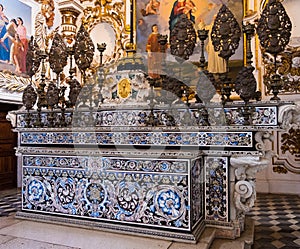 The inlaid majolica altar of the church of the Certosa of San Lorenzo, in Padula, Italy