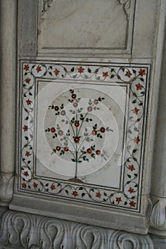 Inlaid marble decorated wall of The Hammam at the Red Fort Delhi