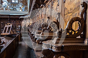 The inlaid wood chorus of the church of Certosa di Padula, Italy