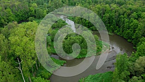 Meanders river delta river dron aerial video shot inland in floodplain forest and lowlands wetland swamp, quadcopter photo