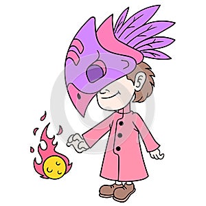Inland tribes using traditional ceremonial clothes emit fireball energy, doodle icon image kawaii
