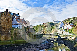 Inland View of Staithes river, near Scarborough, in North Yorkshire.