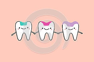 Inlay onlay overlay together friends holding hands drawing illustration in cartoon style tooth treatment