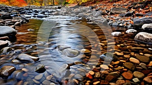 Inlet Stream: A Captivating Fall Landscape With Amber And Red Tones