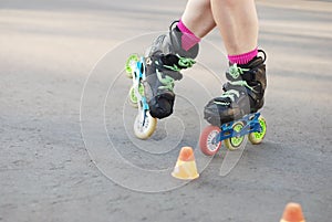 Inline roller skating, rollerblading, slalom. roller legs