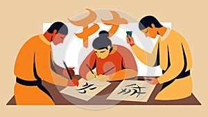 Inmates learning the art of calligraphy using precise and intentional strokes to write meaningful phrases and quotes as photo