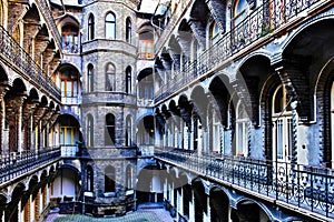 Inner courtyard of beautiful old historic brick residential apartment building in Budapest