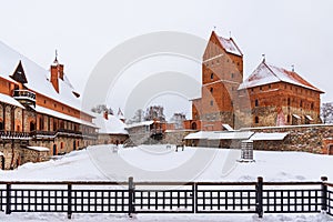 Inner courtyard of historical Trakai castle, Lithuania. Winter landscape