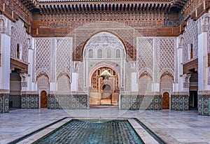 The inner courtyard of the Madrassa ben Youssef in Marrakesh.