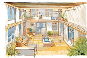 inner courtyard of a mediterranean home with wooden louvres, magazine style illustration photo