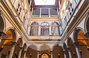 Inner courtyard of the Palazzo Strozzi, a significant historical edifice in Florence, Italy