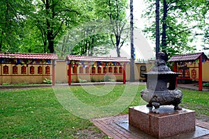 The inner courtyard of the temple. Prayer drums. The oldest Buddhist temple of ancient architecture in St. Petersburg. A