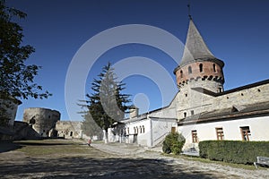 Inner courtyard and tower of Kamianets-Podilskyi castle in Western Ukraine