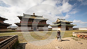 The inner courtyard of a traditional Mongolian monastery with the imposing monastery buildings in the steppe of central