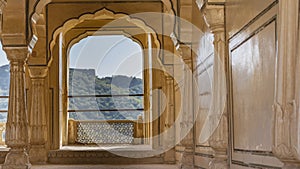 The inner hall in the Amber Fort Palace. Carved columns with elegant capitals