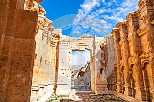 Inner hall of Ancient Roman temple of Bacchus with blue sky in the background, Bekaa Valley, Baalbek, Lebanon