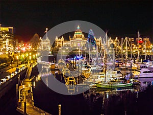 Inner Harbor of Victoria BC illuminated at Christmas and New Y