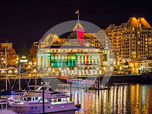 Inner Harbor of Victoria BC illuminated at Christmas and New Y